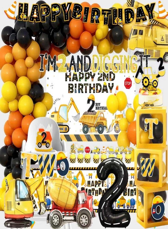 BEOXAGAR Construction 2nd Birthday Party Supplies Boy Dump Truck Digger Zone 2nd Birthday Decorations include Balloon Garland Balloon Box Highchair Banner Cake Topper Hat Backdrop Banner Tablecloth - Image 1